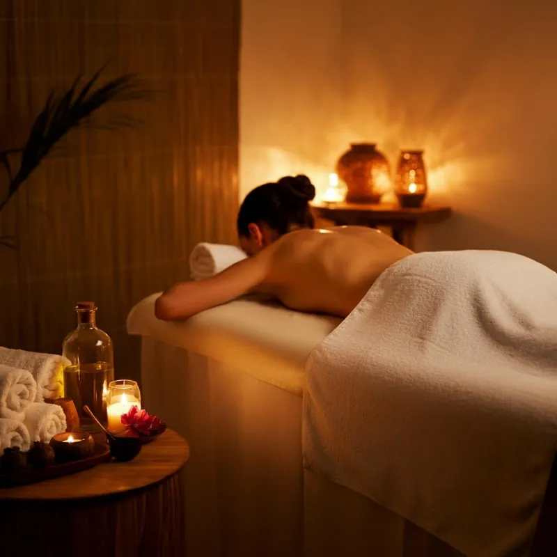 Candlelit spa massage room with fresh towels and essential oils